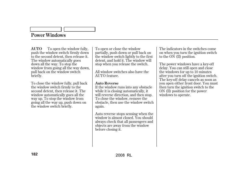 Power windows | Acura 2008 RL - Owner's Manual User Manual | Page 185 / 500