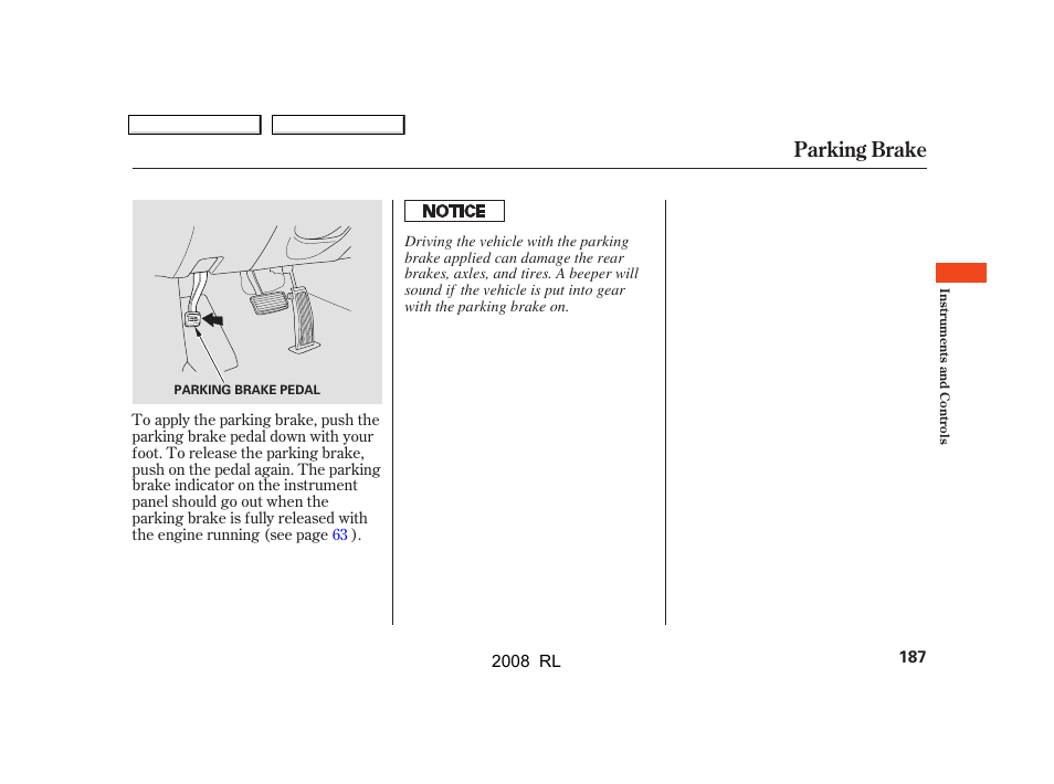 Parking brake | Acura 2008 RL - Owner's Manual User Manual | Page 190 / 500