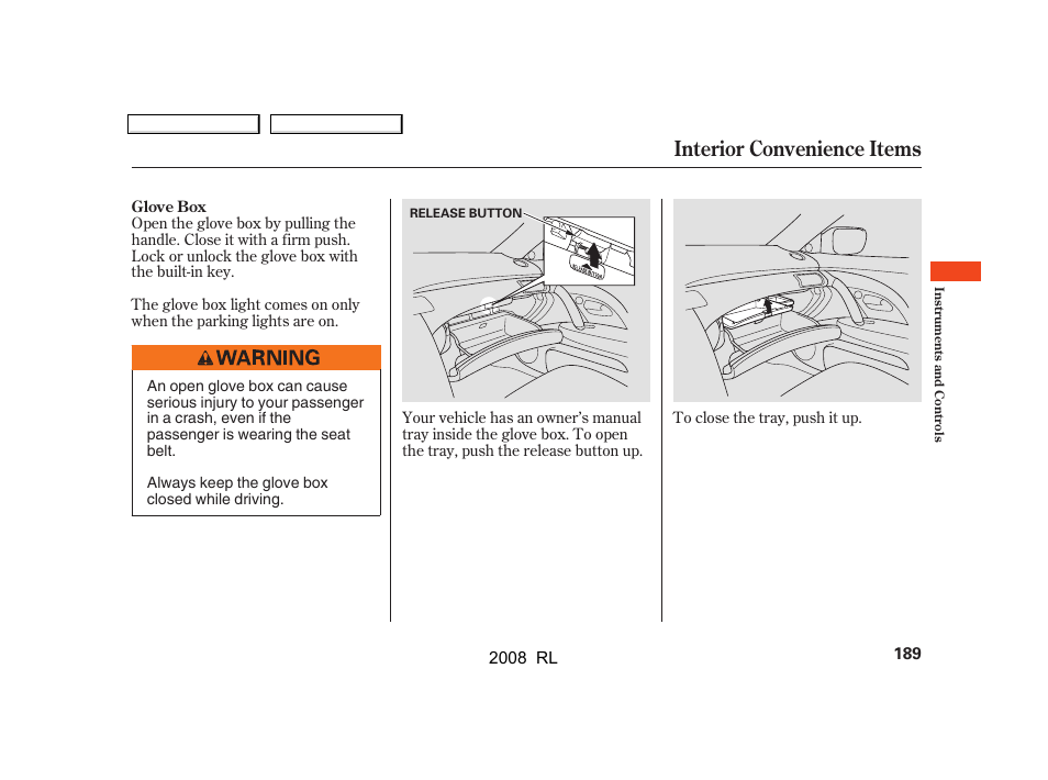 Interior convenience items | Acura 2008 RL - Owner's Manual User Manual | Page 192 / 500