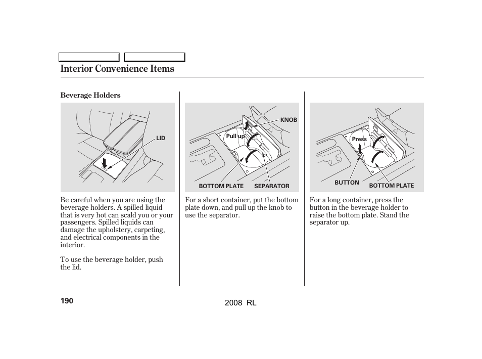 Interior convenience items | Acura 2008 RL - Owner's Manual User Manual | Page 193 / 500