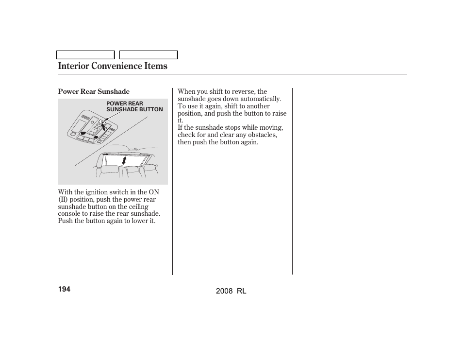 Interior convenience items | Acura 2008 RL - Owner's Manual User Manual | Page 197 / 500