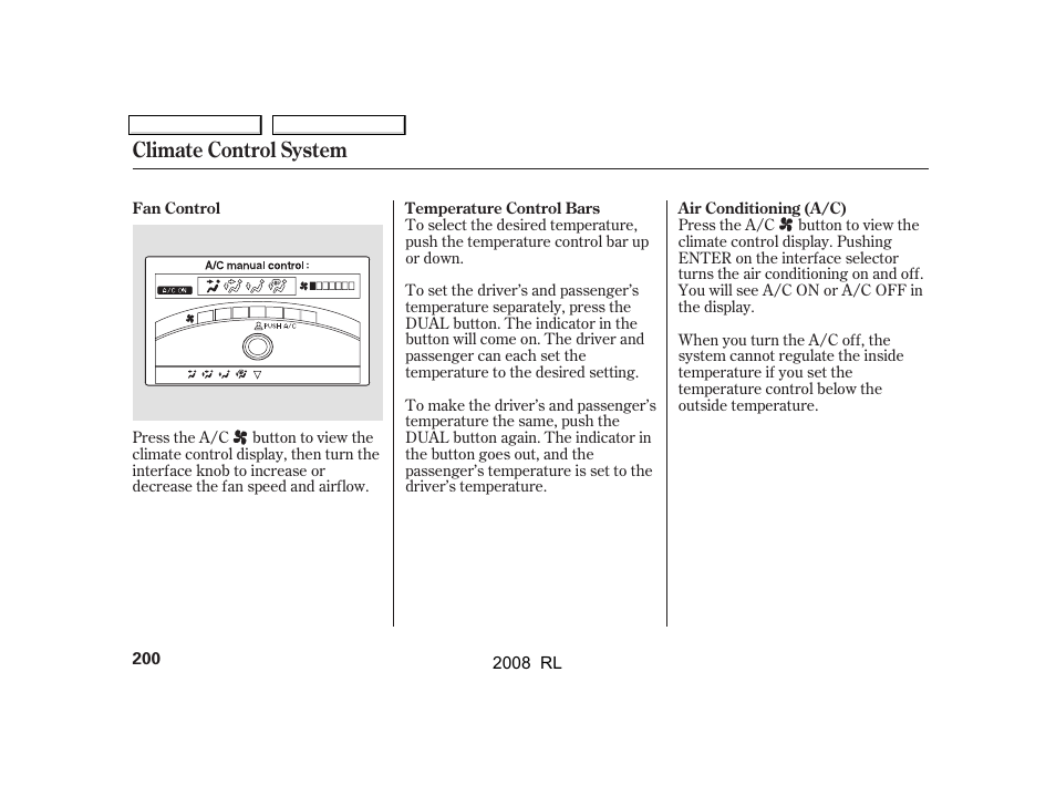 Climate control system | Acura 2008 RL - Owner's Manual User Manual | Page 203 / 500