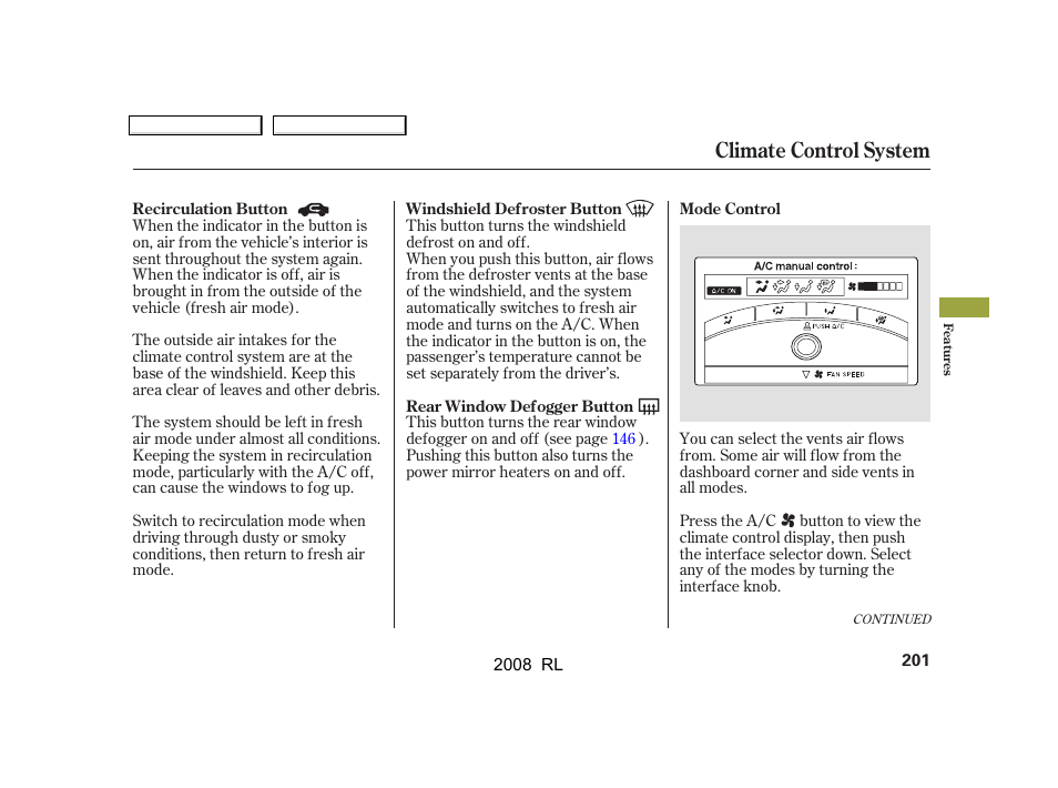 Climate control system | Acura 2008 RL - Owner's Manual User Manual | Page 204 / 500