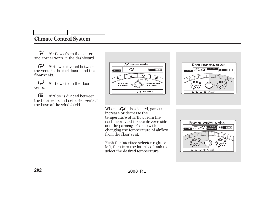 Climate control system | Acura 2008 RL - Owner's Manual User Manual | Page 205 / 500