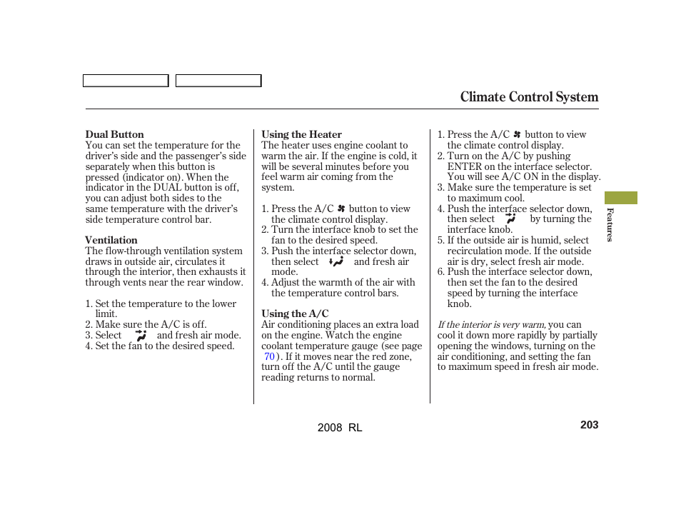 Climate control system | Acura 2008 RL - Owner's Manual User Manual | Page 206 / 500