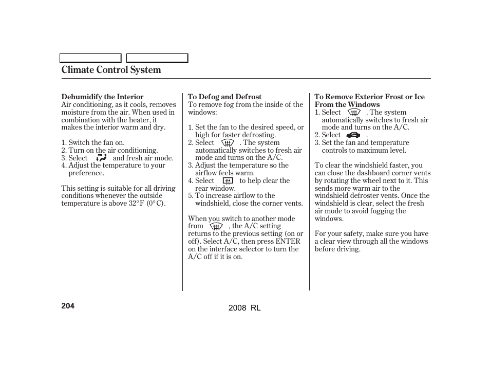 Climate control system | Acura 2008 RL - Owner's Manual User Manual | Page 207 / 500