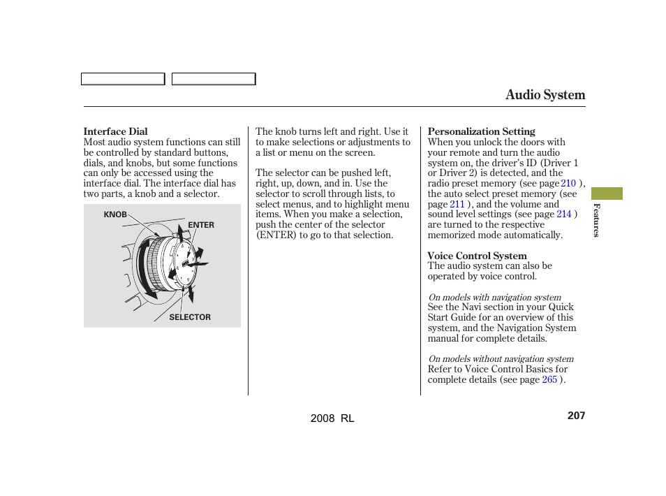 Audio system | Acura 2008 RL - Owner's Manual User Manual | Page 210 / 500