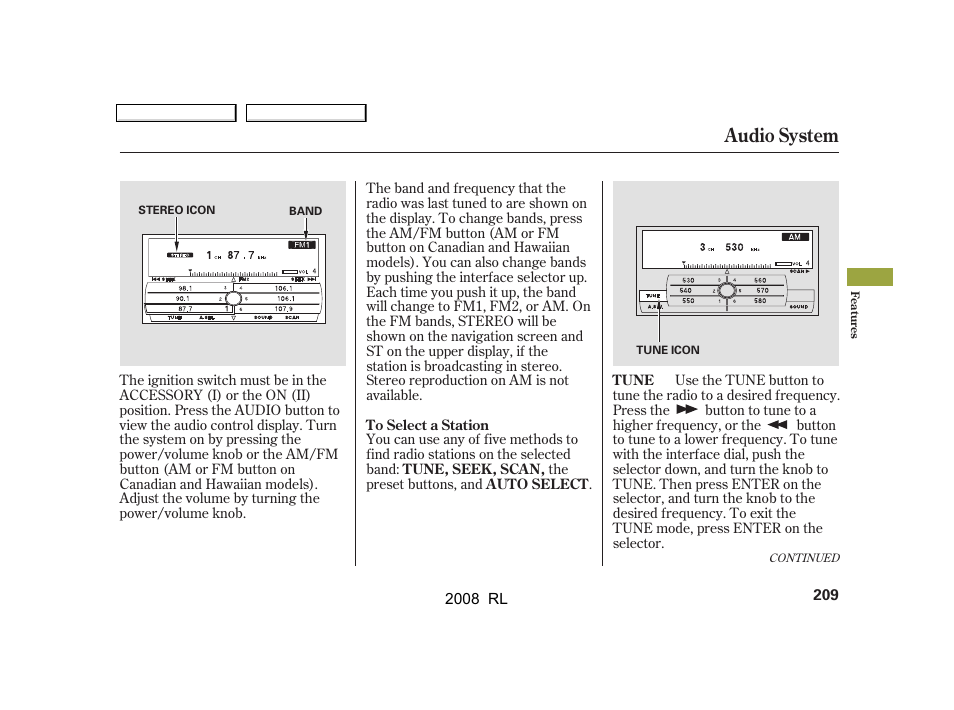 Audio system | Acura 2008 RL - Owner's Manual User Manual | Page 212 / 500