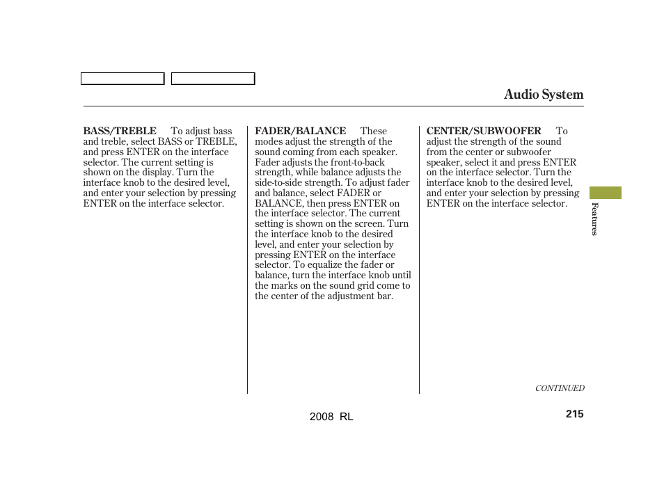 Audio system | Acura 2008 RL - Owner's Manual User Manual | Page 218 / 500