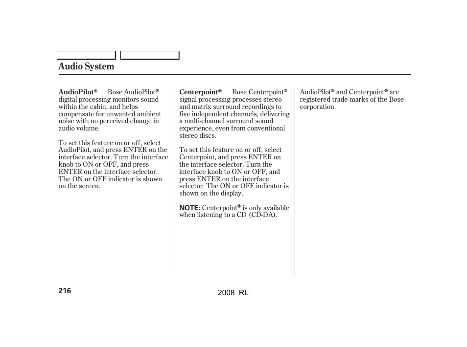 Audio system | Acura 2008 RL - Owner's Manual User Manual | Page 219 / 500