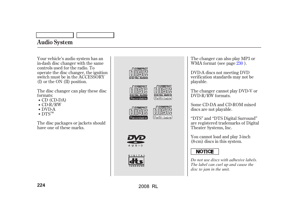 Audio system | Acura 2008 RL - Owner's Manual User Manual | Page 227 / 500