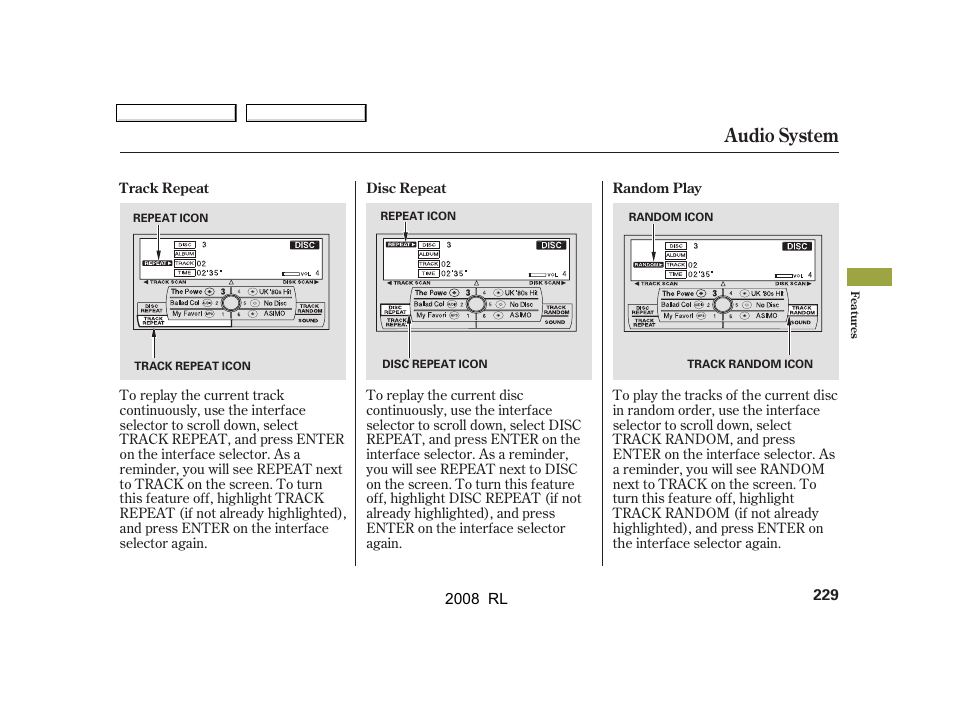 Audio system | Acura 2008 RL - Owner's Manual User Manual | Page 232 / 500
