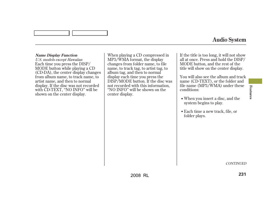 Audio system | Acura 2008 RL - Owner's Manual User Manual | Page 234 / 500