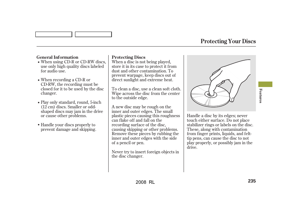 Protecting your discs | Acura 2008 RL - Owner's Manual User Manual | Page 238 / 500