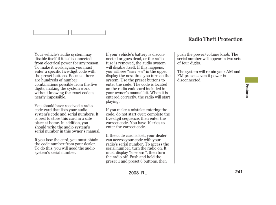 Radio theft protection | Acura 2008 RL - Owner's Manual User Manual | Page 244 / 500