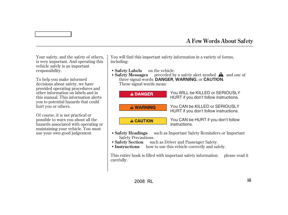 A few words about safety | Acura 2008 RL - Owner's Manual User Manual | Page 3 / 500