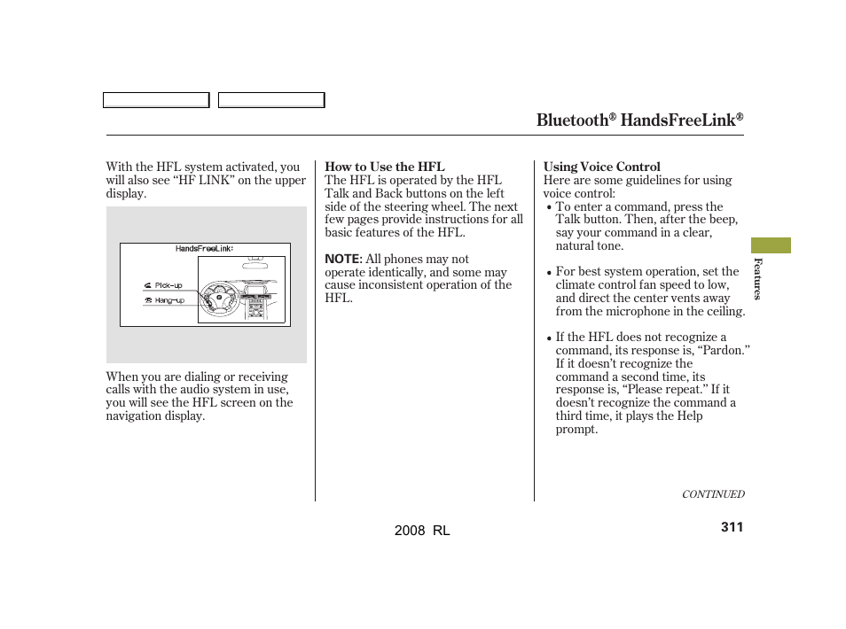 Bluetooth handsfreelink | Acura 2008 RL - Owner's Manual User Manual | Page 314 / 500