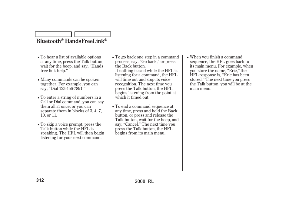 Bluetooth handsfreelink | Acura 2008 RL - Owner's Manual User Manual | Page 315 / 500