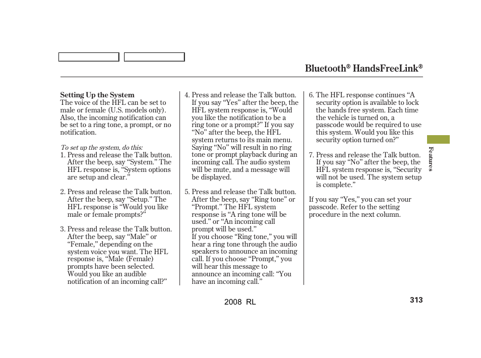 Bluetooth handsfreelink | Acura 2008 RL - Owner's Manual User Manual | Page 316 / 500