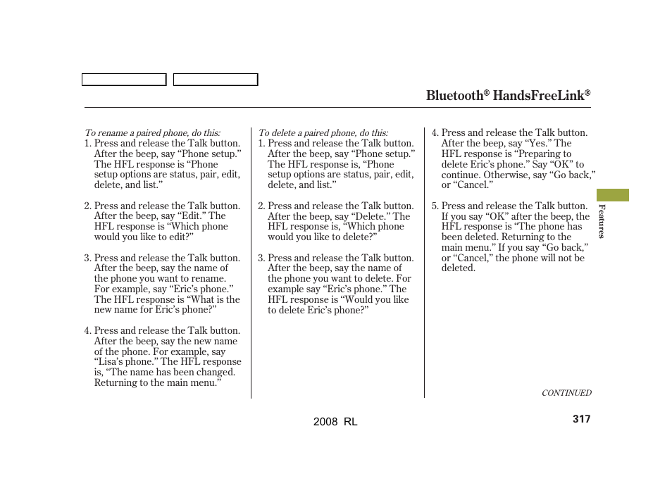 Bluetooth handsfreelink | Acura 2008 RL - Owner's Manual User Manual | Page 320 / 500