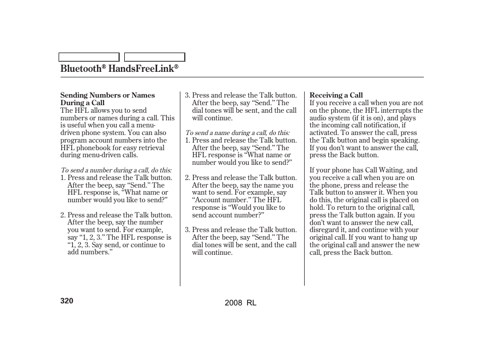 Bluetooth handsfreelink | Acura 2008 RL - Owner's Manual User Manual | Page 323 / 500