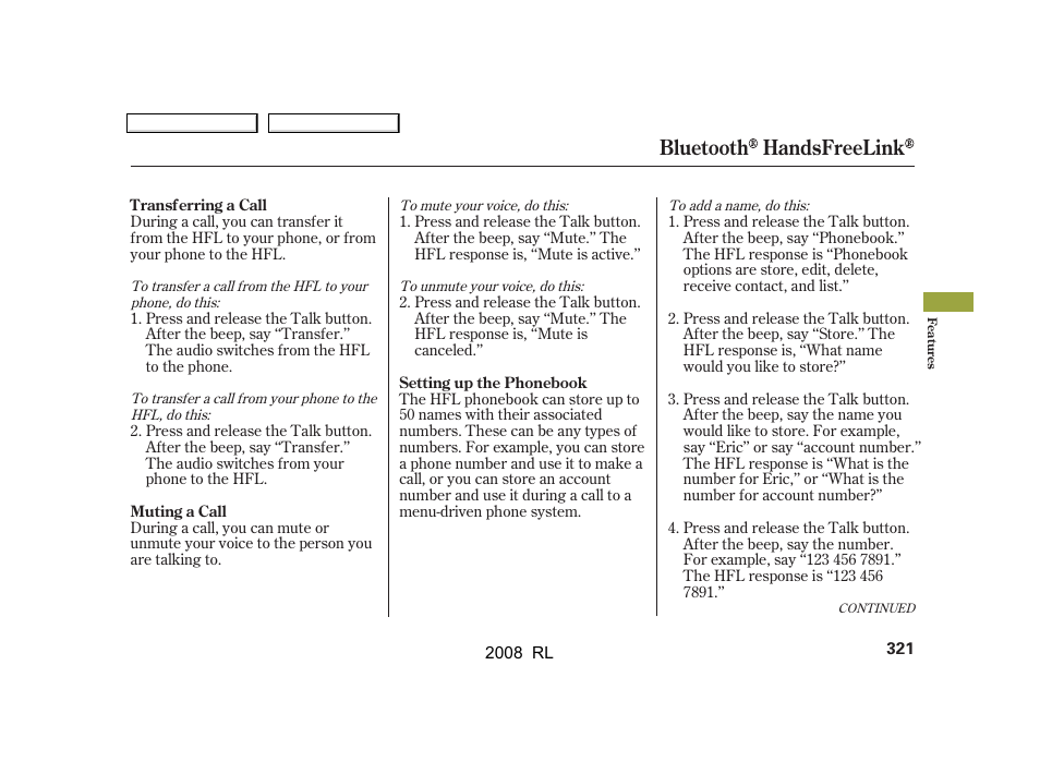 Bluetooth handsfreelink | Acura 2008 RL - Owner's Manual User Manual | Page 324 / 500