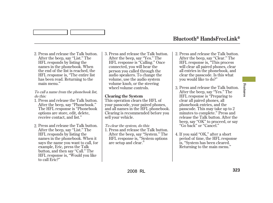 Bluetooth handsfreelink | Acura 2008 RL - Owner's Manual User Manual | Page 326 / 500