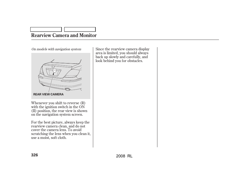 Rearview camera and monitor | Acura 2008 RL - Owner's Manual User Manual | Page 329 / 500