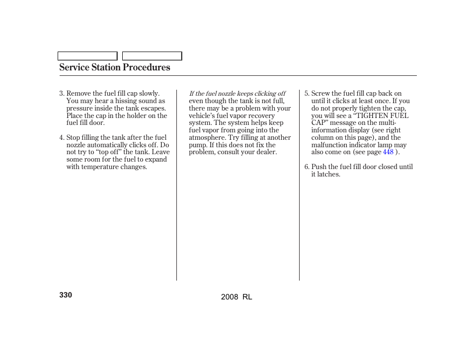 Service station procedures | Acura 2008 RL - Owner's Manual User Manual | Page 333 / 500