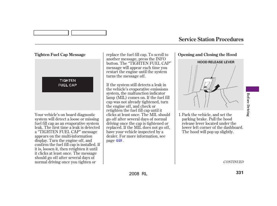 Service station procedures | Acura 2008 RL - Owner's Manual User Manual | Page 334 / 500