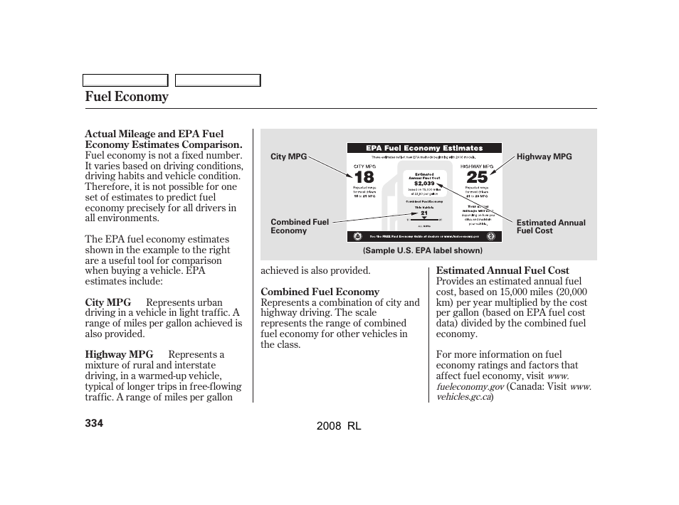 Fuel economy | Acura 2008 RL - Owner's Manual User Manual | Page 337 / 500