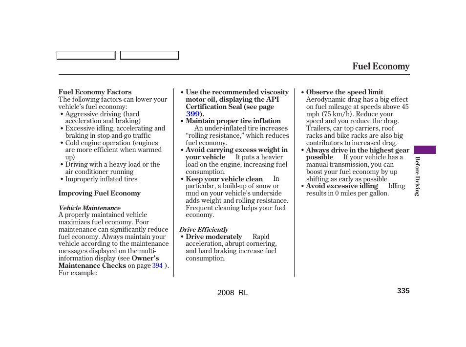 Fuel economy | Acura 2008 RL - Owner's Manual User Manual | Page 338 / 500