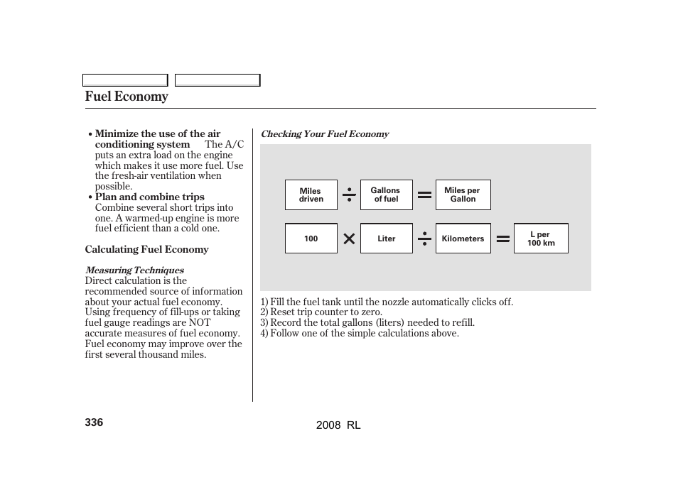 Fuel economy | Acura 2008 RL - Owner's Manual User Manual | Page 339 / 500