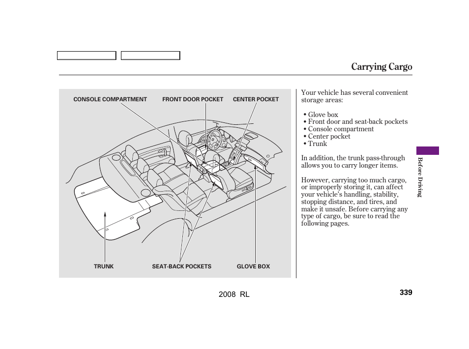 Carrying cargo | Acura 2008 RL - Owner's Manual User Manual | Page 342 / 500