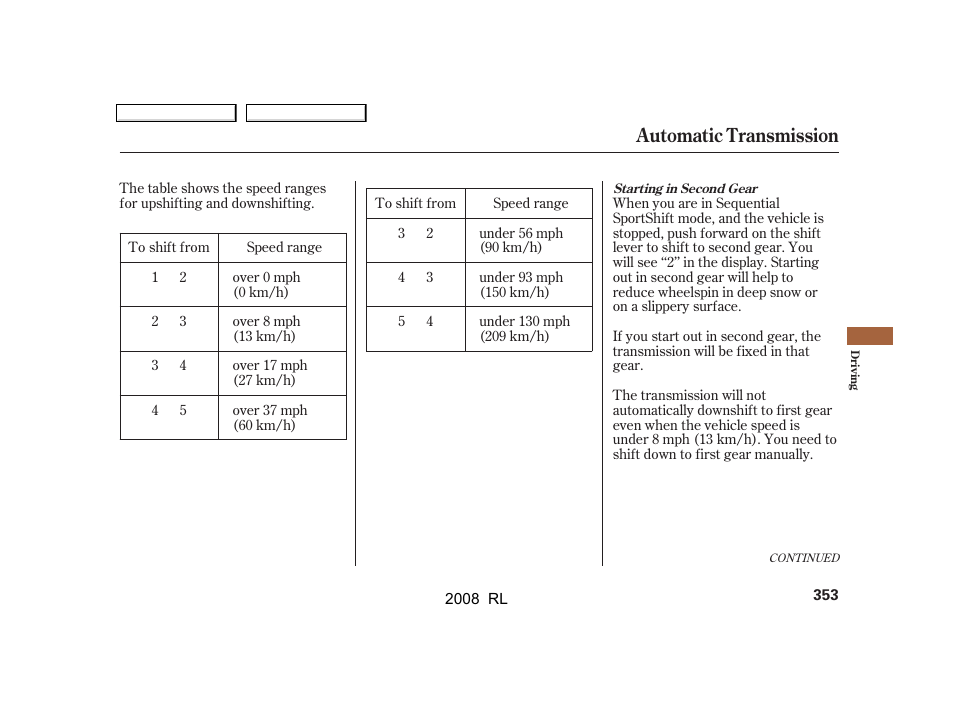 Automatic transmission | Acura 2008 RL - Owner's Manual User Manual | Page 356 / 500