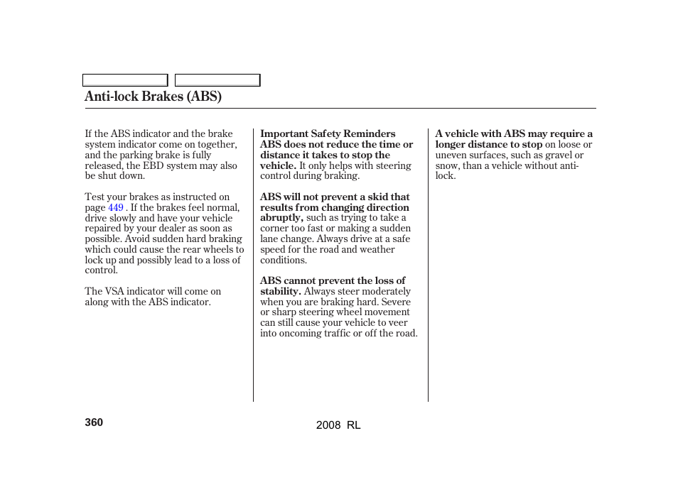 Anti-lock brakes (abs) | Acura 2008 RL - Owner's Manual User Manual | Page 363 / 500