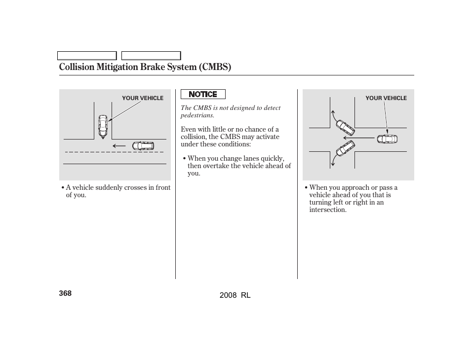 Collision mitigation brake system (cmbs) | Acura 2008 RL - Owner's Manual User Manual | Page 371 / 500