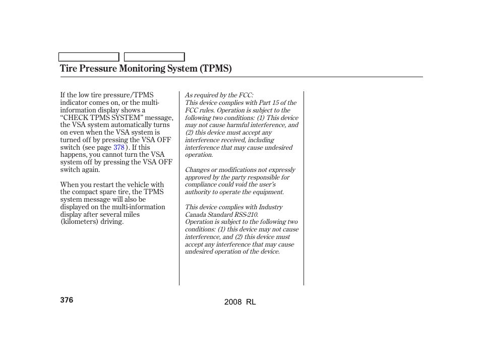 Tire pressure monitoring system (tpms) | Acura 2008 RL - Owner's Manual User Manual | Page 379 / 500