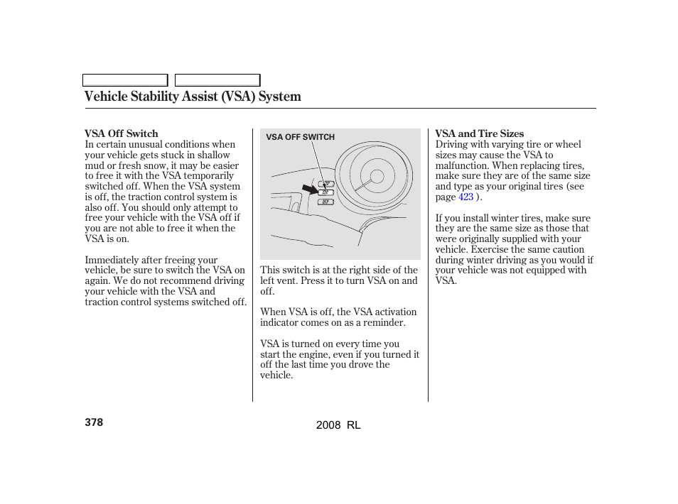 Vehicle stability assist (vsa) system | Acura 2008 RL - Owner's Manual User Manual | Page 381 / 500