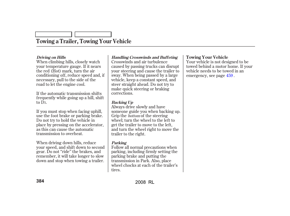 Towing a trailer, towing your vehicle | Acura 2008 RL - Owner's Manual User Manual | Page 387 / 500