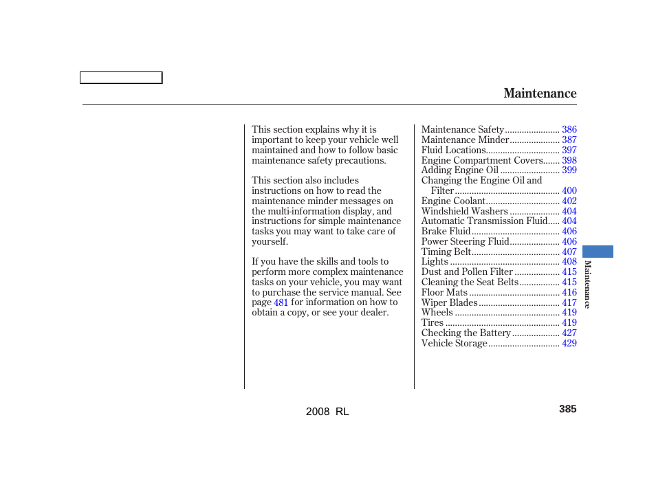 Maintenance | Acura 2008 RL - Owner's Manual User Manual | Page 388 / 500