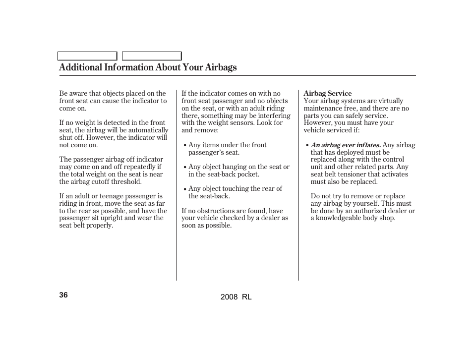 Additional information about your airbags | Acura 2008 RL - Owner's Manual User Manual | Page 39 / 500