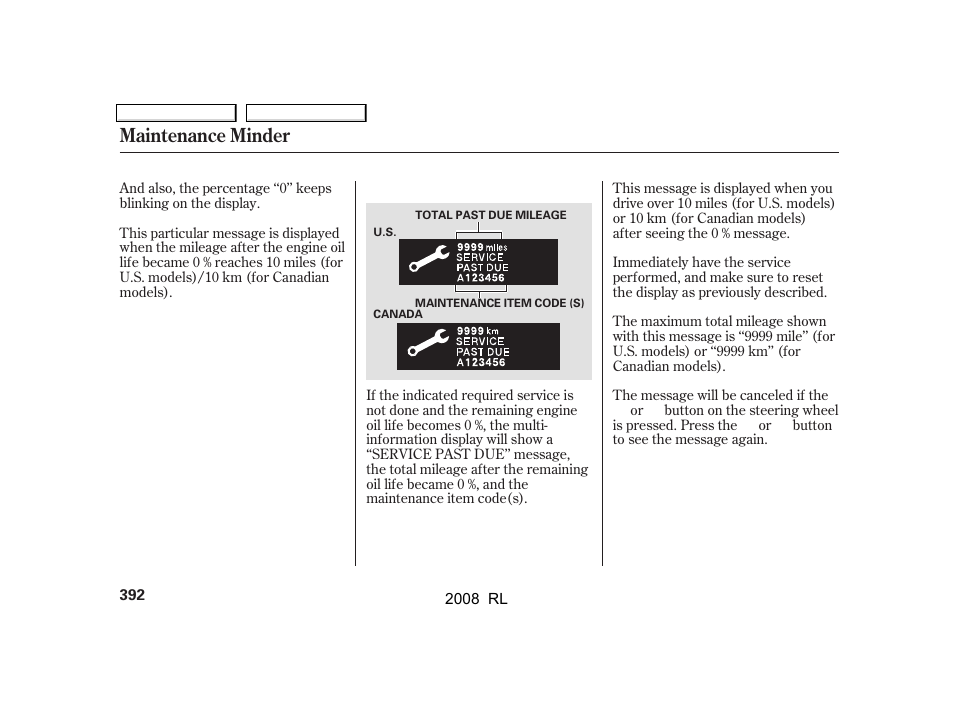 Maintenance minder | Acura 2008 RL - Owner's Manual User Manual | Page 395 / 500