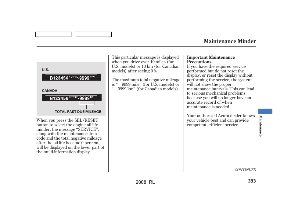 Maintenance minder | Acura 2008 RL - Owner's Manual User Manual | Page 396 / 500