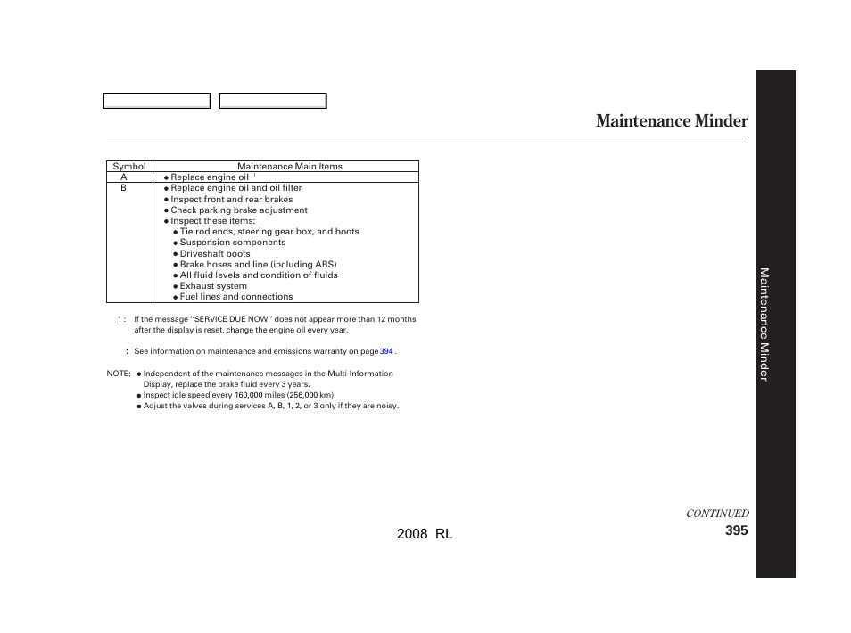 Maintenance minder, 2008 rl | Acura 2008 RL - Owner's Manual User Manual | Page 398 / 500