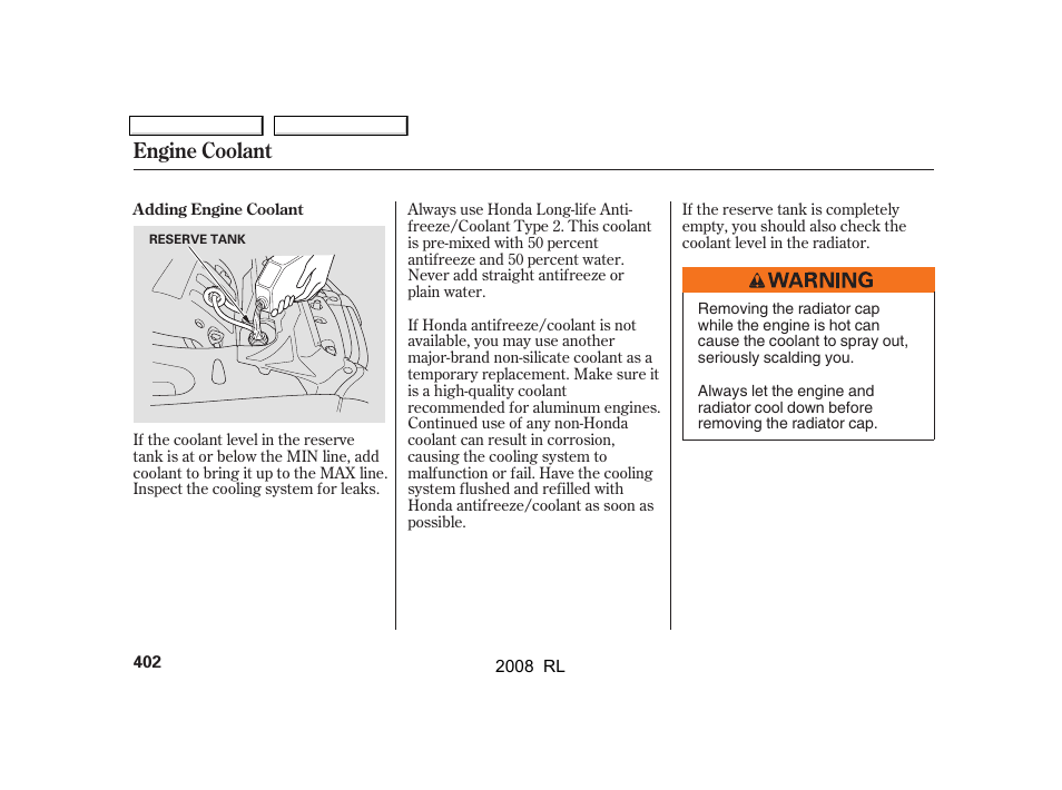 Engine coolant | Acura 2008 RL - Owner's Manual User Manual | Page 405 / 500