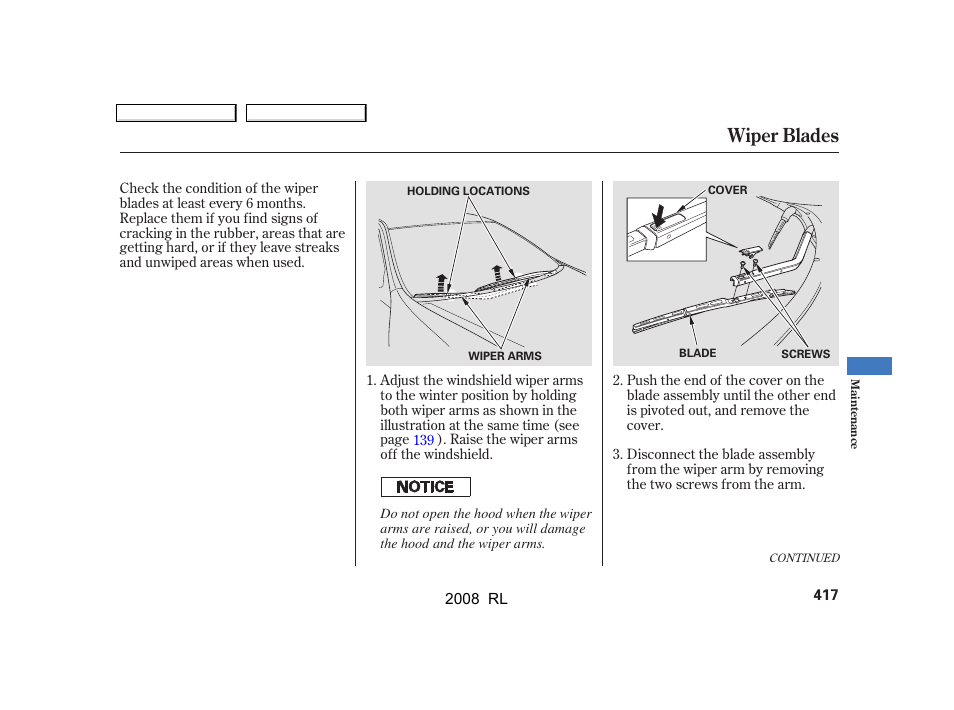 Wiper blades | Acura 2008 RL - Owner's Manual User Manual | Page 420 / 500