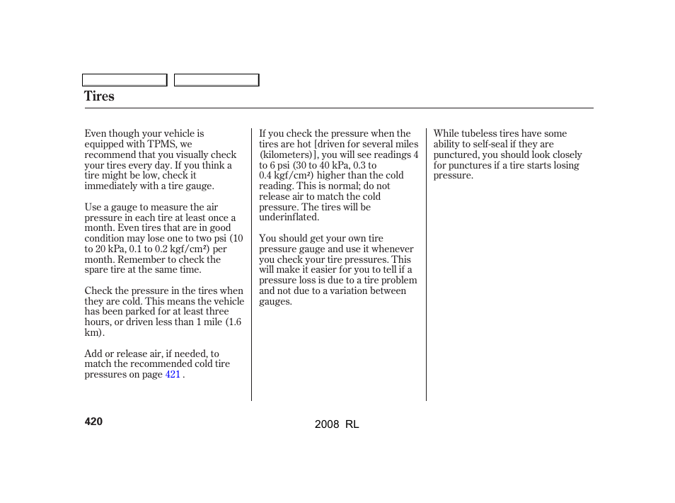 Tires | Acura 2008 RL - Owner's Manual User Manual | Page 423 / 500