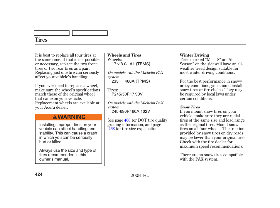 Tires | Acura 2008 RL - Owner's Manual User Manual | Page 427 / 500