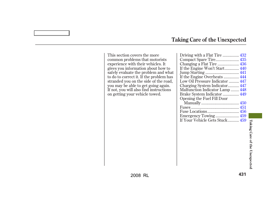 Taking care of the unexpected | Acura 2008 RL - Owner's Manual User Manual | Page 434 / 500